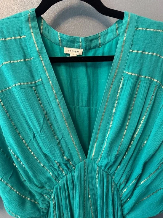 En Crème sold out Sabrina Lurex Kimono Maxi boho hippie Dress in teal, sz small - Picture 8 of 12